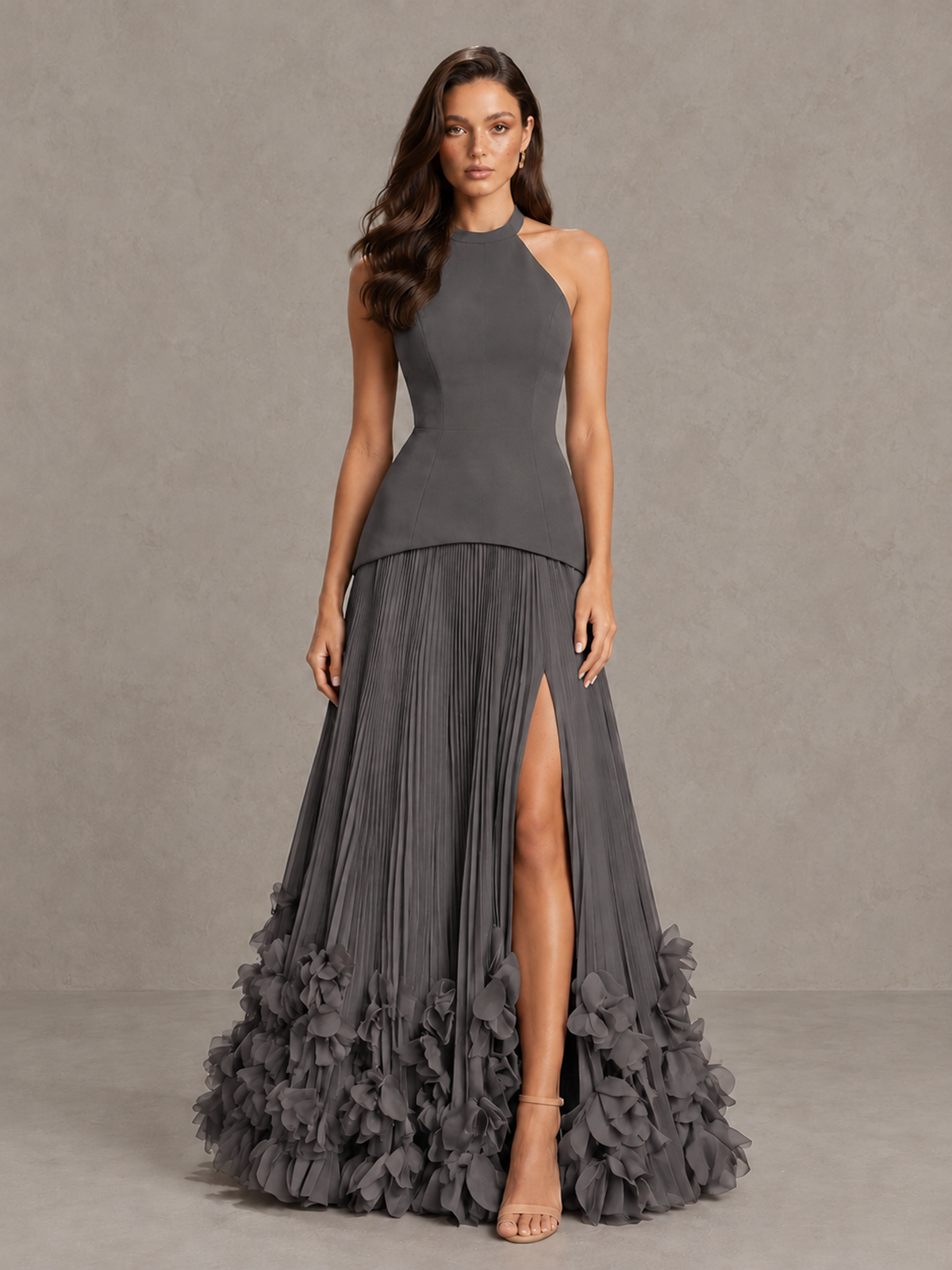 BOLODOO Grey Halter Neck Floor-Length Evening Gown with High Slit & 3D Floral Hem - Grey - Grey (1)