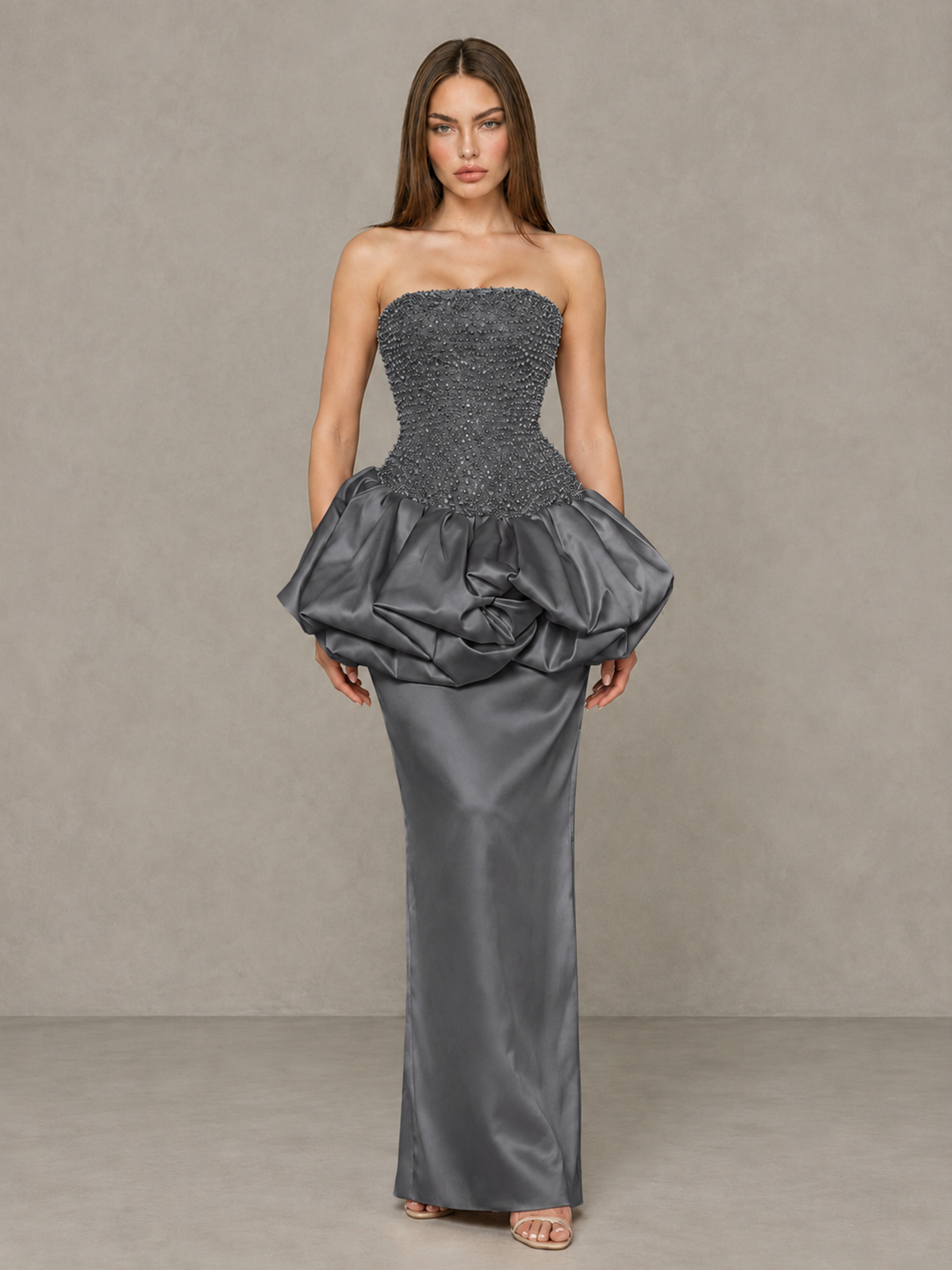 BOLODOO Grey Strapless Embellished Bubble Peplum Evening Dress - Grey - Grey (1)