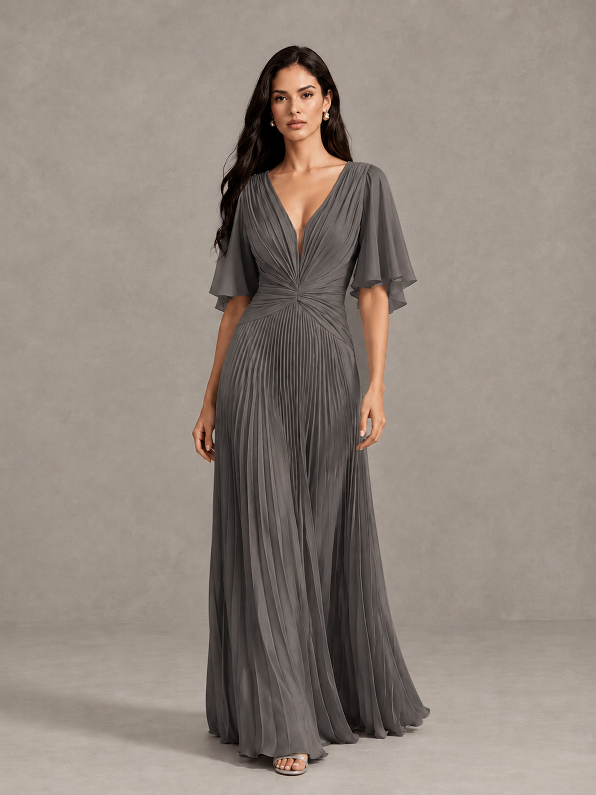 BOLODOO Grey Pleated V-Neck Flutter Sleeve Bridesmaid Dress - Grey - Grey (1)