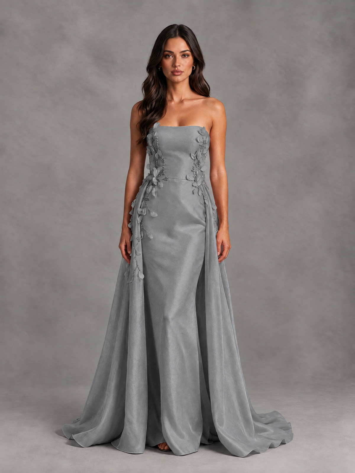 BOLODOO Grey Strapless Floral Applique Prom Dress with Overskirt - Grey - Grey (1)