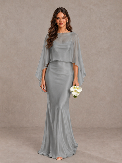 BOLODOO Grey Satin Mermaid Bridesmaid Dress with Chiffon Cape - Grey - Grey (1)