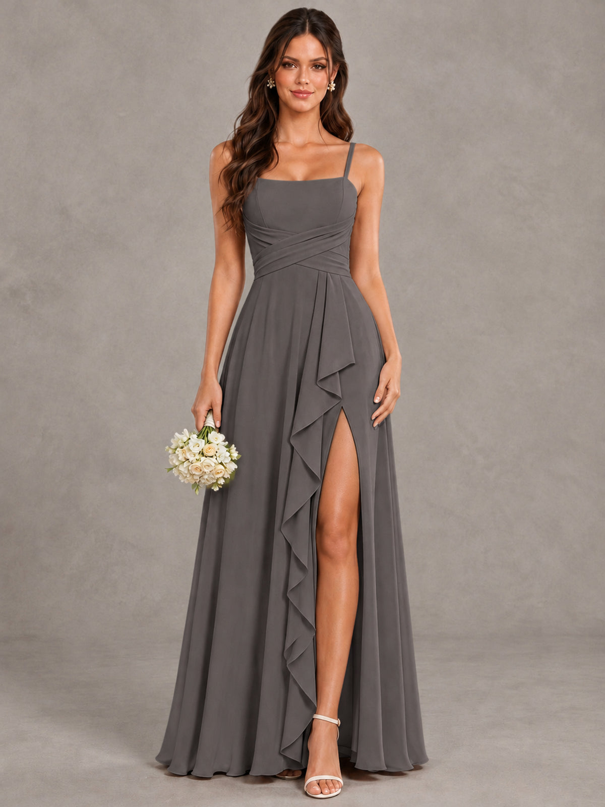 BOLODOO Grey Spaghetti Strap Ruffle Bridesmaid Dress with Slit - Grey - Grey (1)