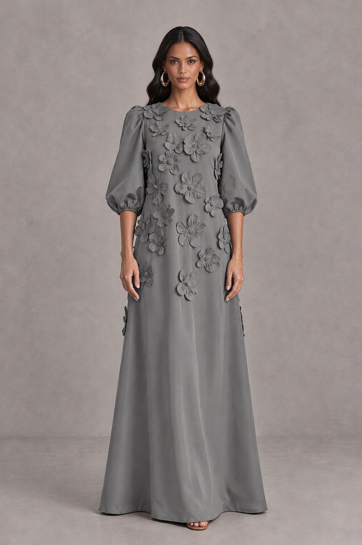 BOLODOO Grey Floral Applique Puff Sleeve A-Line Evening Dress - Grey - Grey (1)