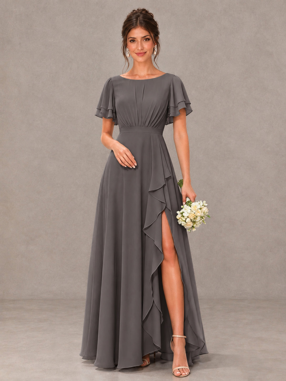 BOLODOO Grey Flutter Sleeve Ruffle Bridesmaid Dress with Slit - Grey - Grey (1)