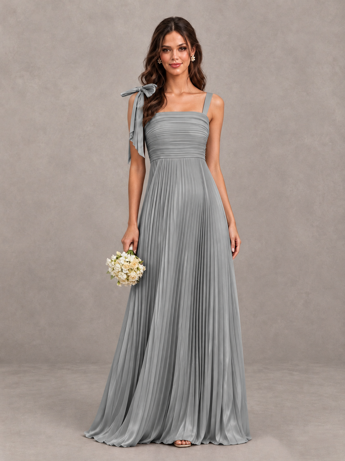 BOLODOO Grey Pleated Bow-Strap Bridesmaid Maxi Dress - Grey - Grey (1)