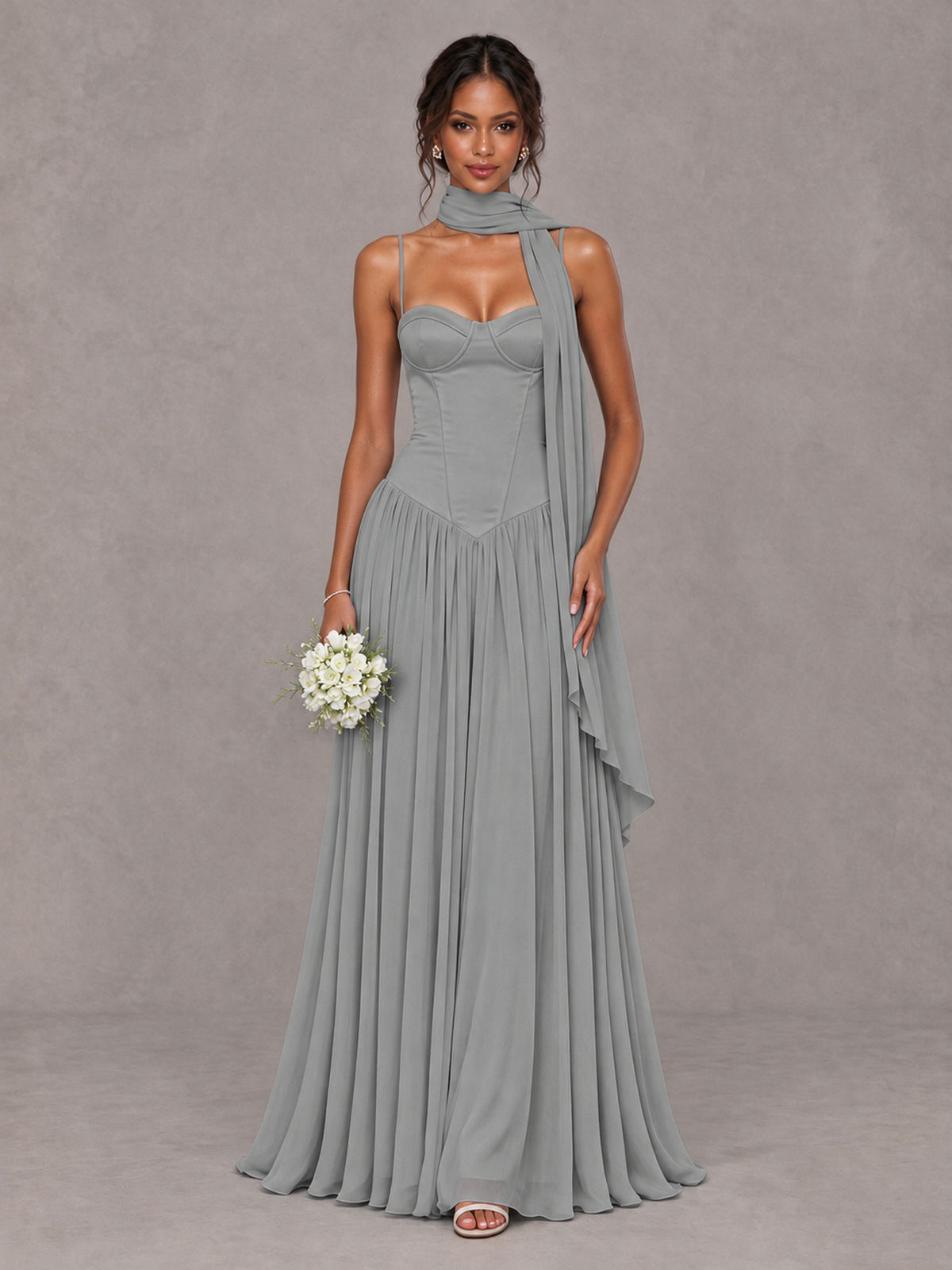 BOLODOO Grey Corset Bridesmaid Dress with Scarf - Grey - Grey (1)