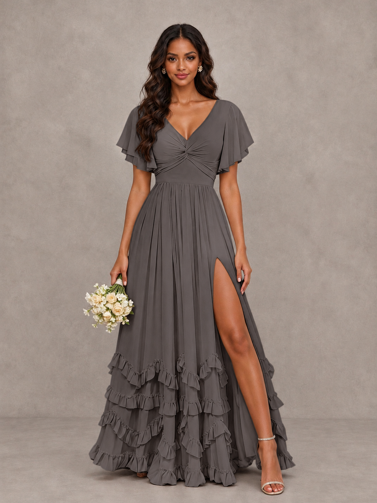 BOLODOO Grey V-Neck Flutter Sleeve Ruffle Bridesmaid Dress with Slit - Grey - Grey (1)