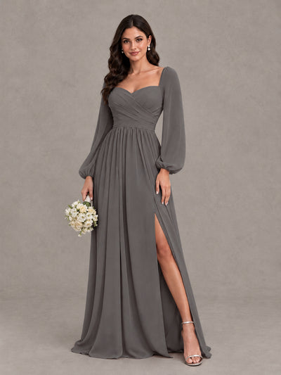 BOLODOO Grey Long Sleeve Chiffon Bridesmaid Dress with Slit - Grey - Grey (1)