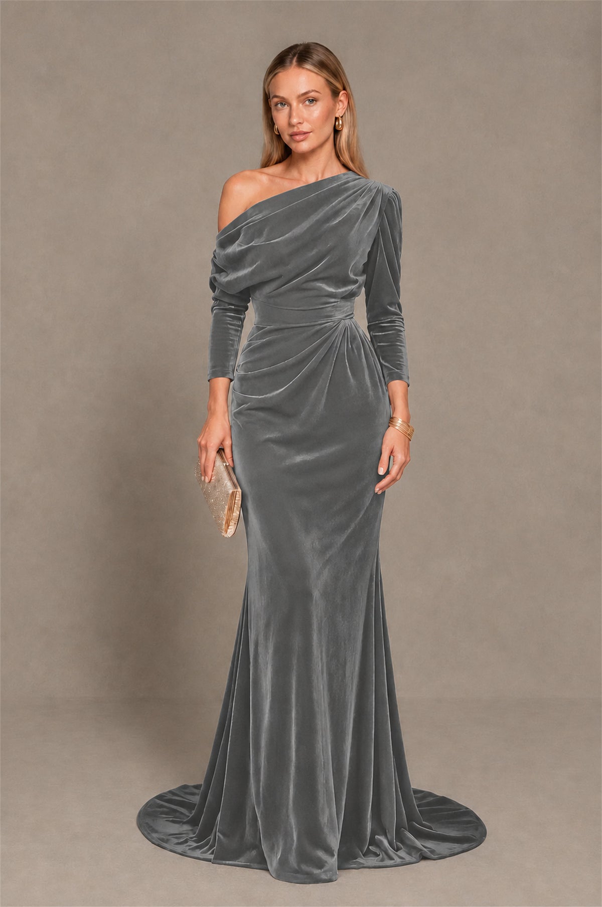 BOLODOO Grey Velvet One-Shoulder Long Sleeve Evening Gown - Grey