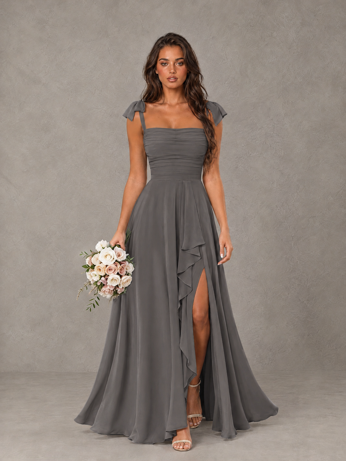 BOLODOO Grey Bow-Strap Bridesmaid Dress with Ruffle Slit - Grey - Grey (1)