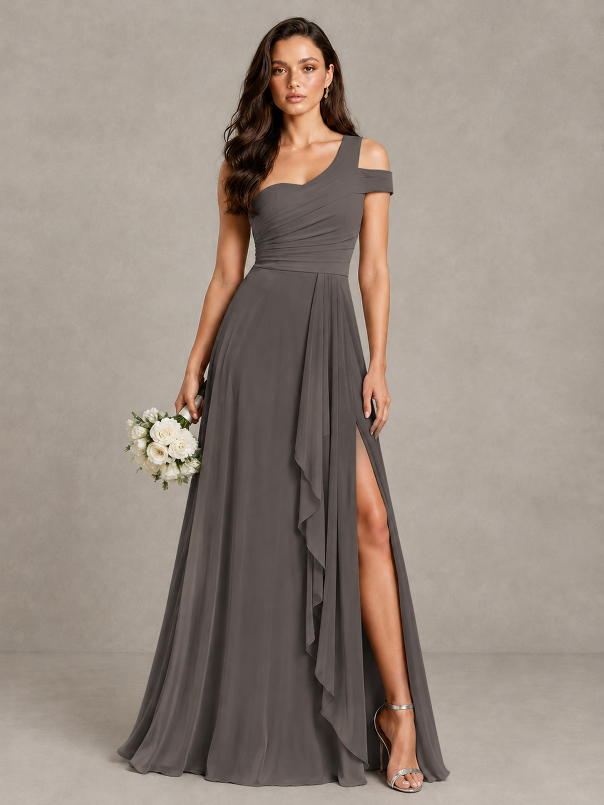 BOLODOO Grey One-Shoulder Bridesmaid Dress with Side Slit - Grey - Grey (1)