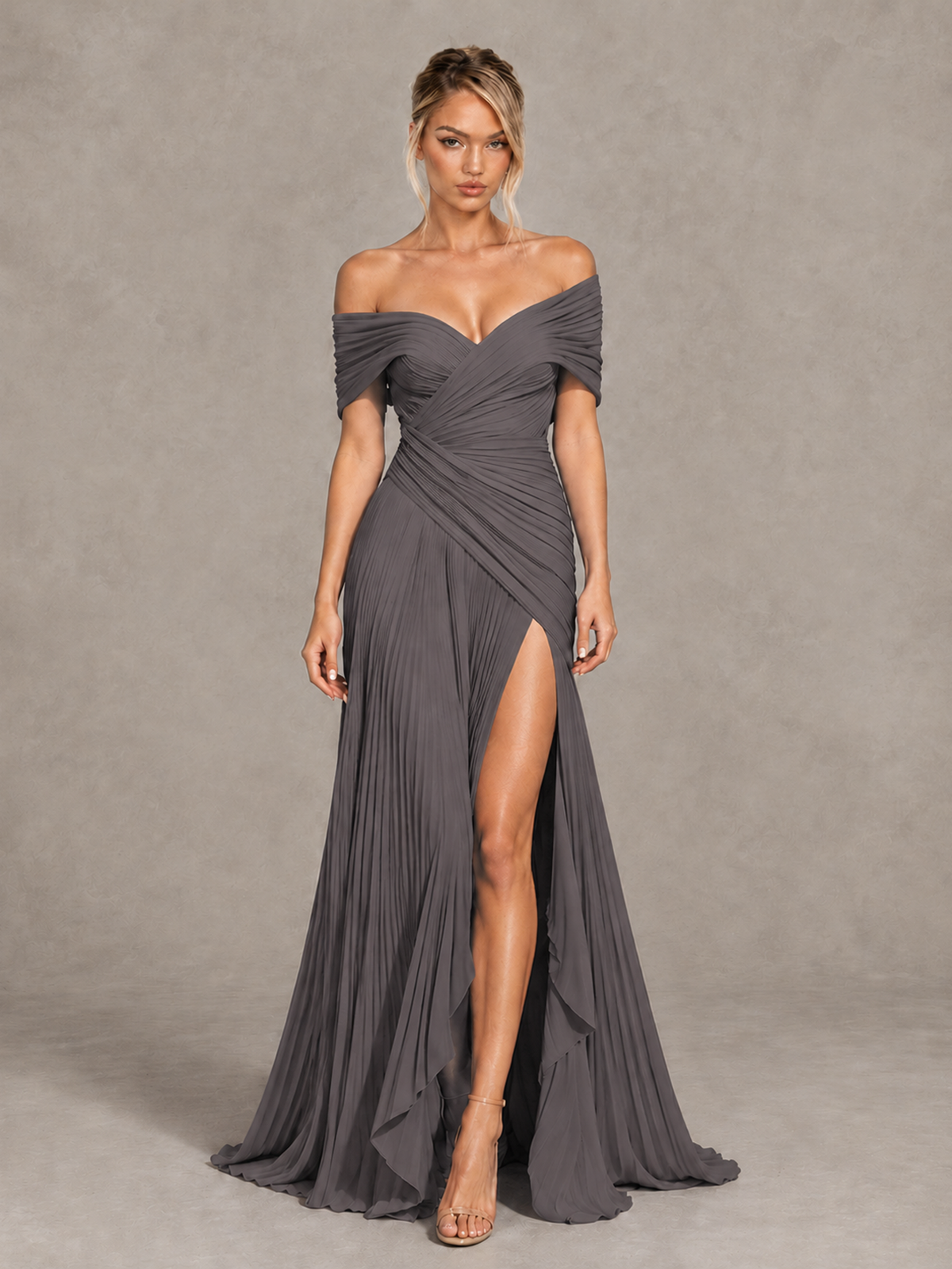 BOLODOO Grey Off-Shoulder Ruched Pleated Maxi Dress with High Slit - Grey - Grey (1)