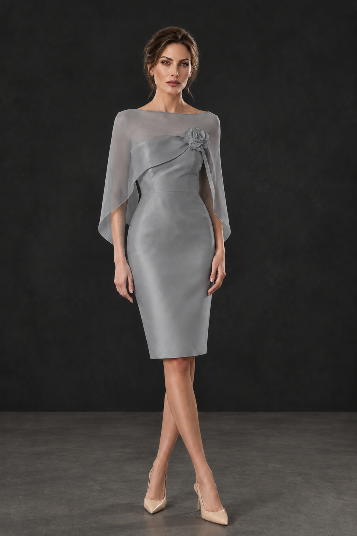 BOLODOO Grey Cape Knee-Length Mother of the Bride Dress - Grey - Grey (1)