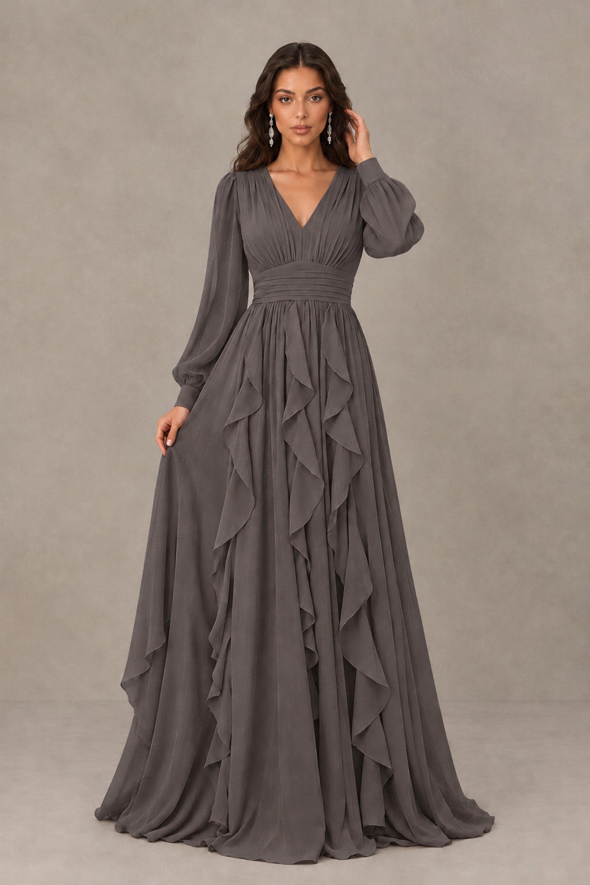BOLODOO Grey Long Sleeve V-Neck Ruffle Maxi Dress - Grey - Grey (1)