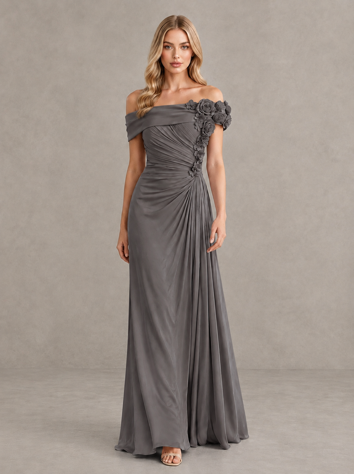 BOLODOO Grey Off-Shoulder Floral Applique Wedding Guest Maxi Dress - Grey - Grey (1)