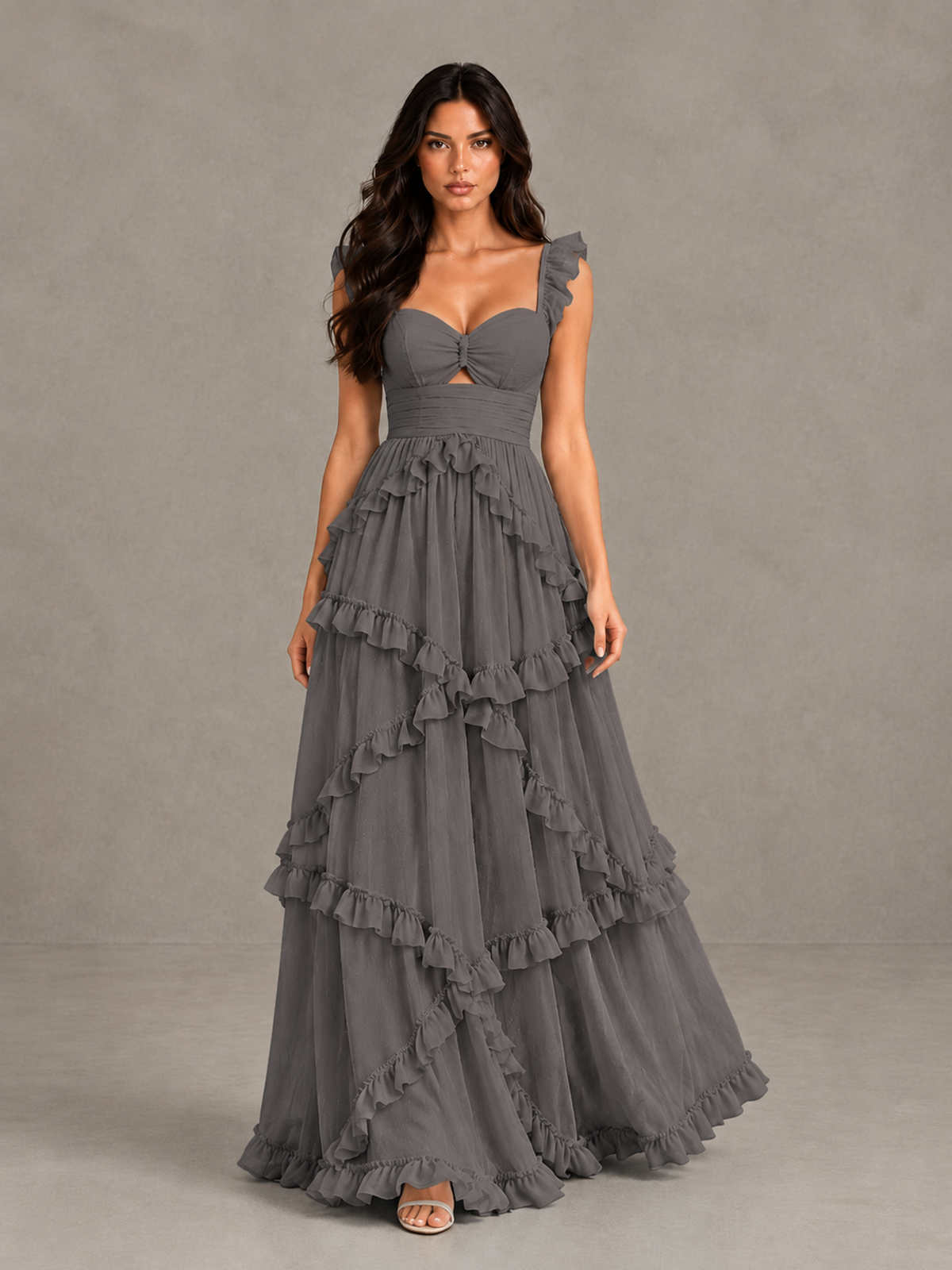 BOLODOO Grey Ruffle A-Line Prom Dress with Open Back - Grey - Grey (1)