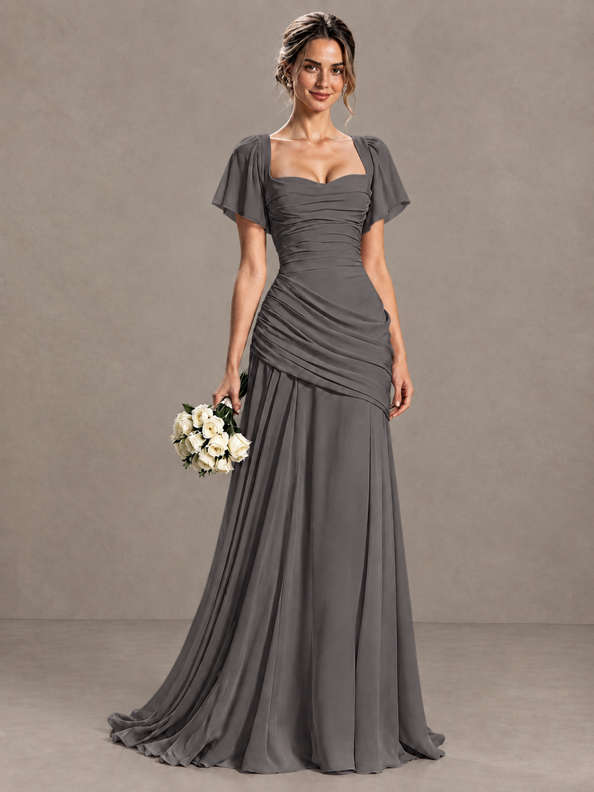 BOLODOO Grey Flutter Sleeve Lace-Up Back Maxi Dress - Grey - Grey (1)