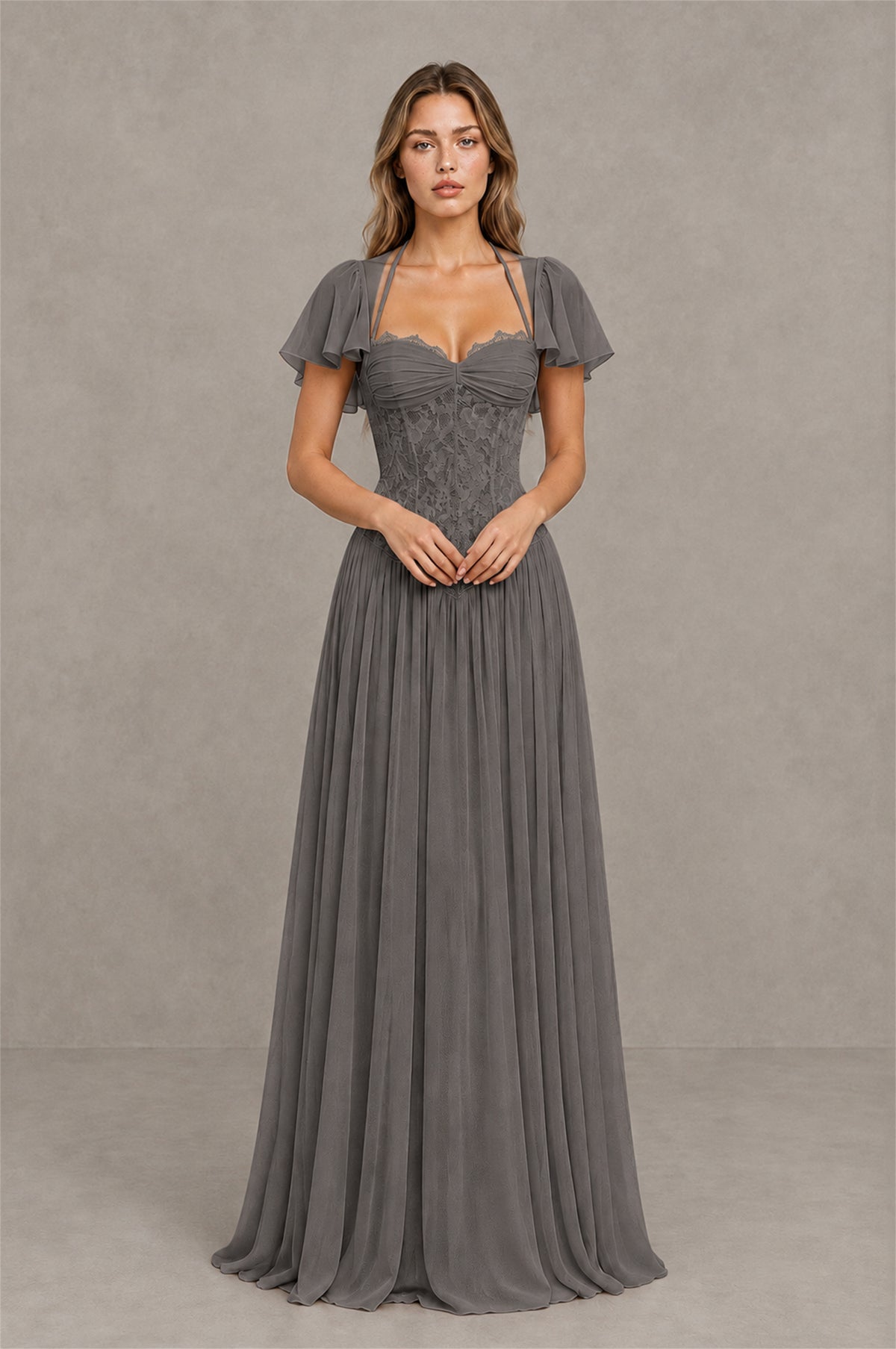 BOLODOO Grey Flutter Sleeve Lace Corset A-Line Maxi Dress - Grey - Grey (1)
