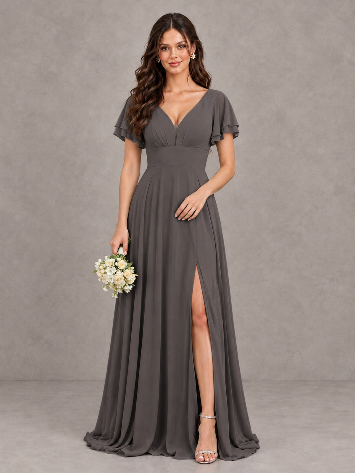 BOLODOO Grey Flutter Sleeve Chiffon A-Line Maxi Bridesmaid Dress with Open Back & Slit - Grey - Grey (1)