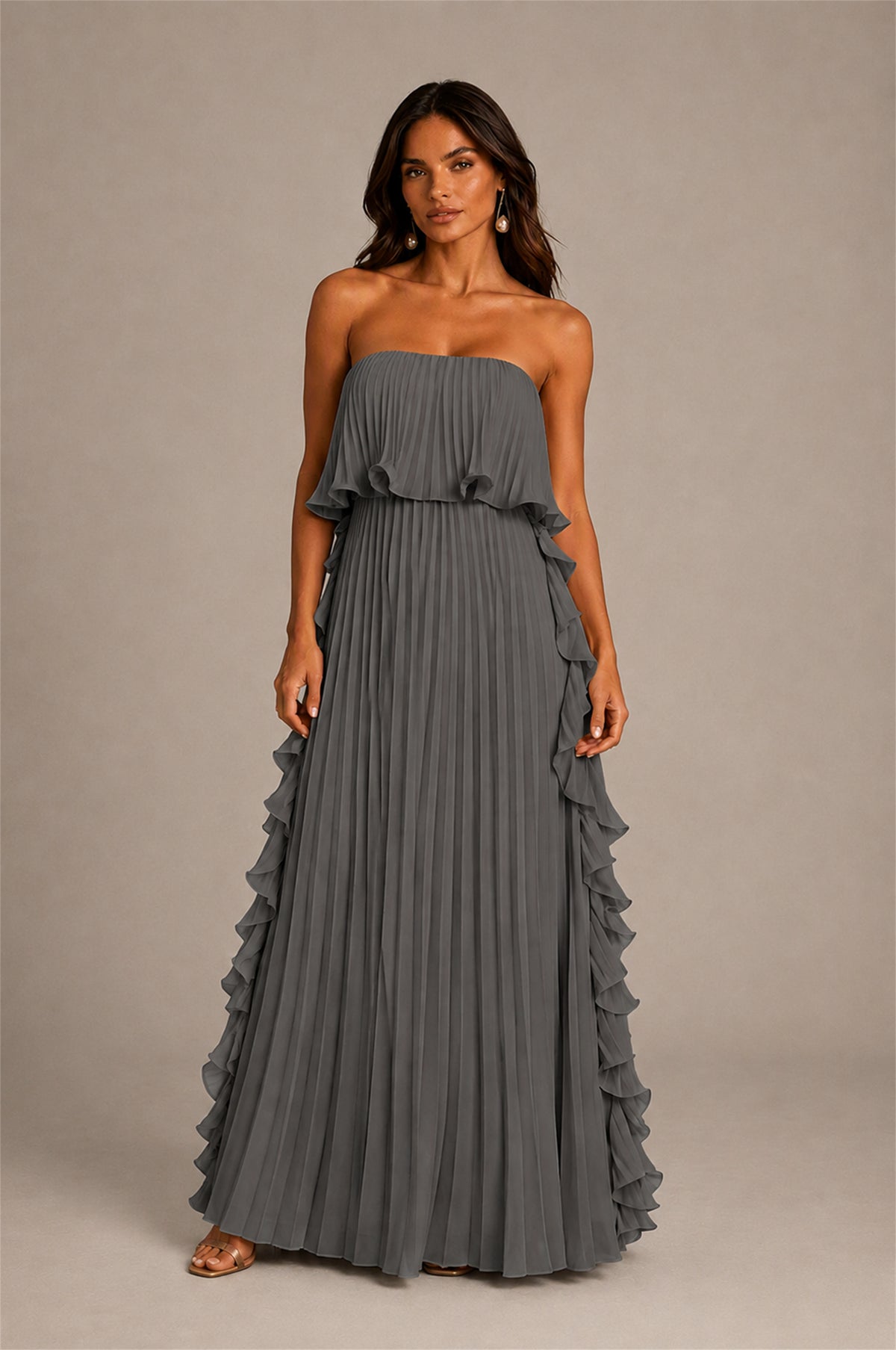 BOLODOO Grey Strapless Ruffle Bodice Dual Cascading Ruffle Accordion Pleated Chiffon Maxi Dress - Grey