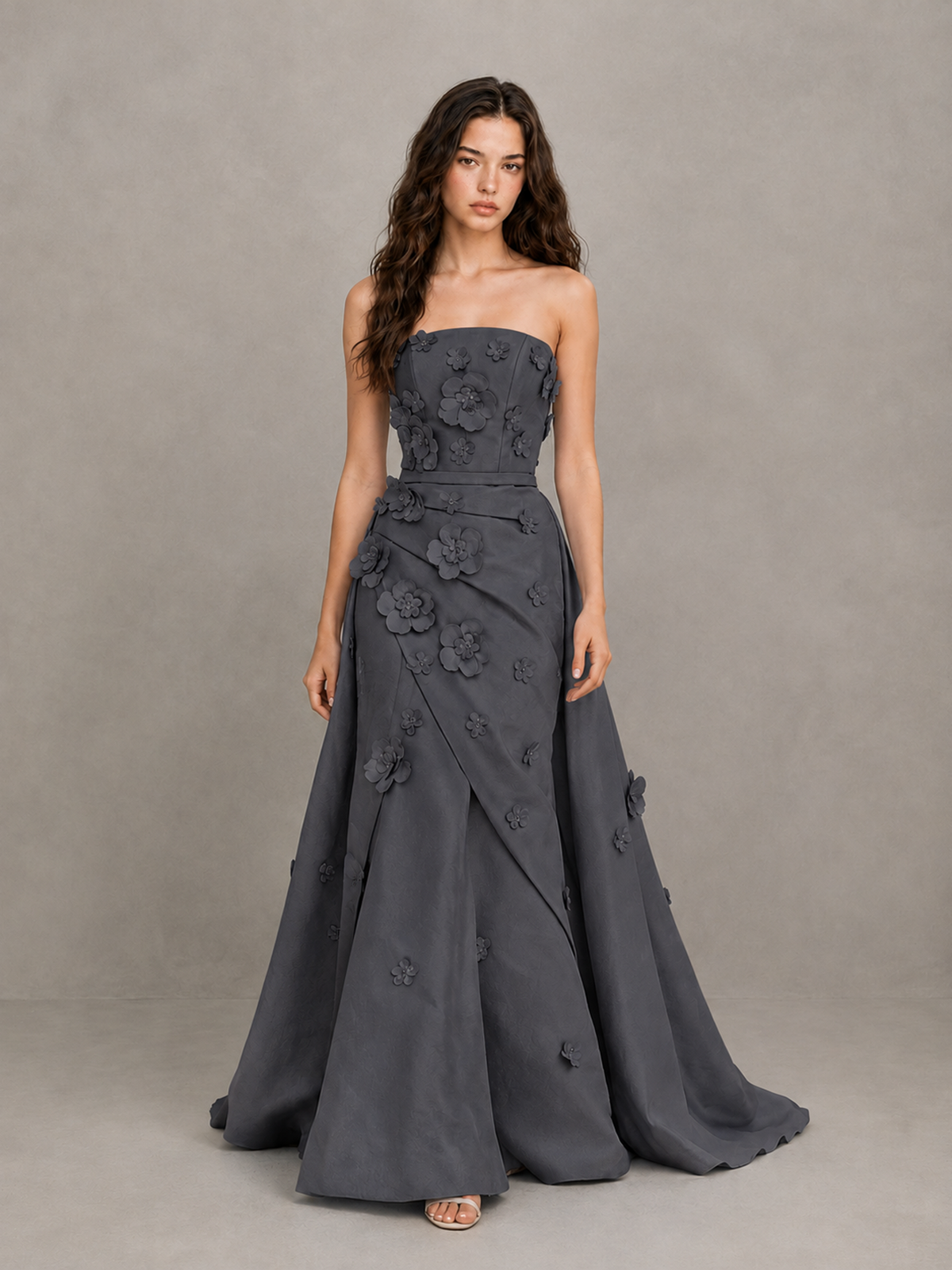 BOLODOO Grey Strapless 3D Floral Applique Prom Gown with Draped Skirt - Grey - Grey (1)