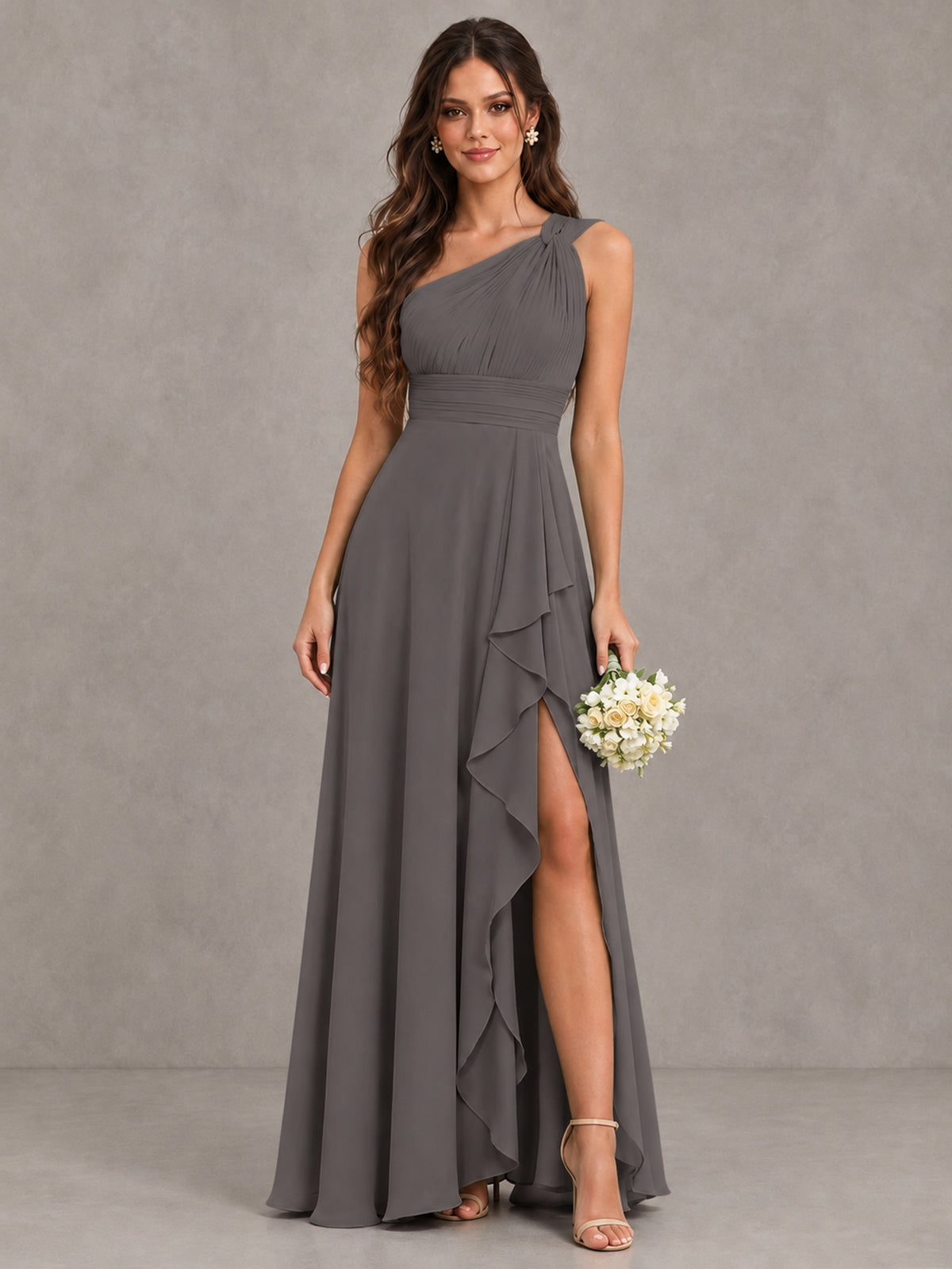 BOLODOO Grey One-Shoulder Ruffle Bridesmaid Dress with Slit - Grey - Grey (1)