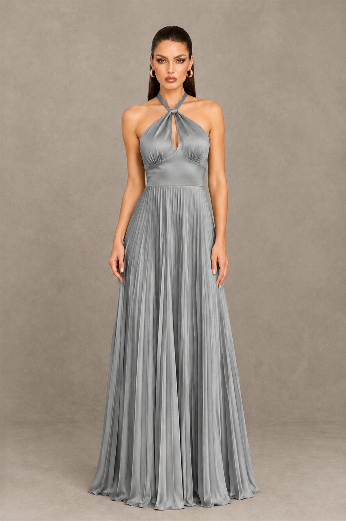 BOLODOO Grey Halter Pleated A-Line Evening Dress - Grey