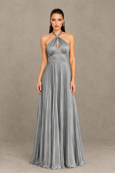 BOLODOO Grey Halter Pleated A-Line Evening Dress - Grey