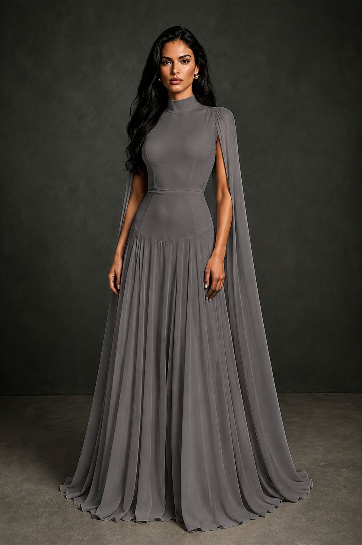 BOLODOO Grey Mock Neck Cape Sleeve A-Line Chiffon Maxi Dress - Grey - Grey (1)