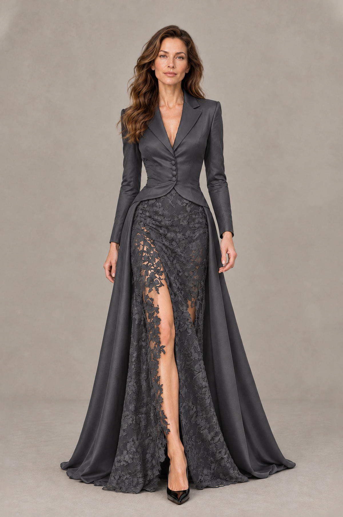 BOLODOO Grey Long Sleeve Lace Blazer Gown with High Slit - Grey - Grey (1)