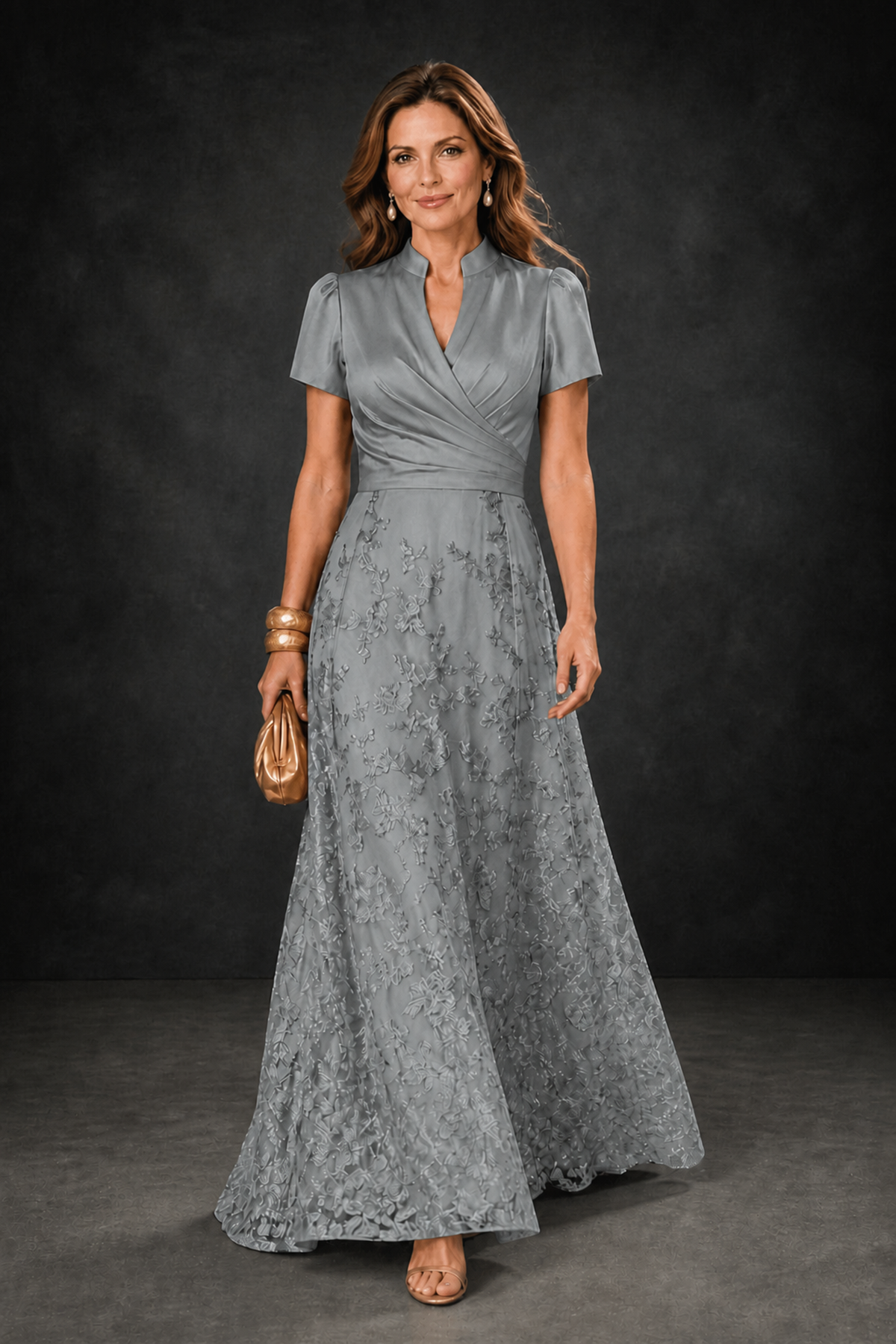 BOLODOO Grey Satin Wrap V-Neck Short Sleeve Lace Glitter A-Line Floor Length Evening Gown – Formal Dress - Grey - Grey (1)