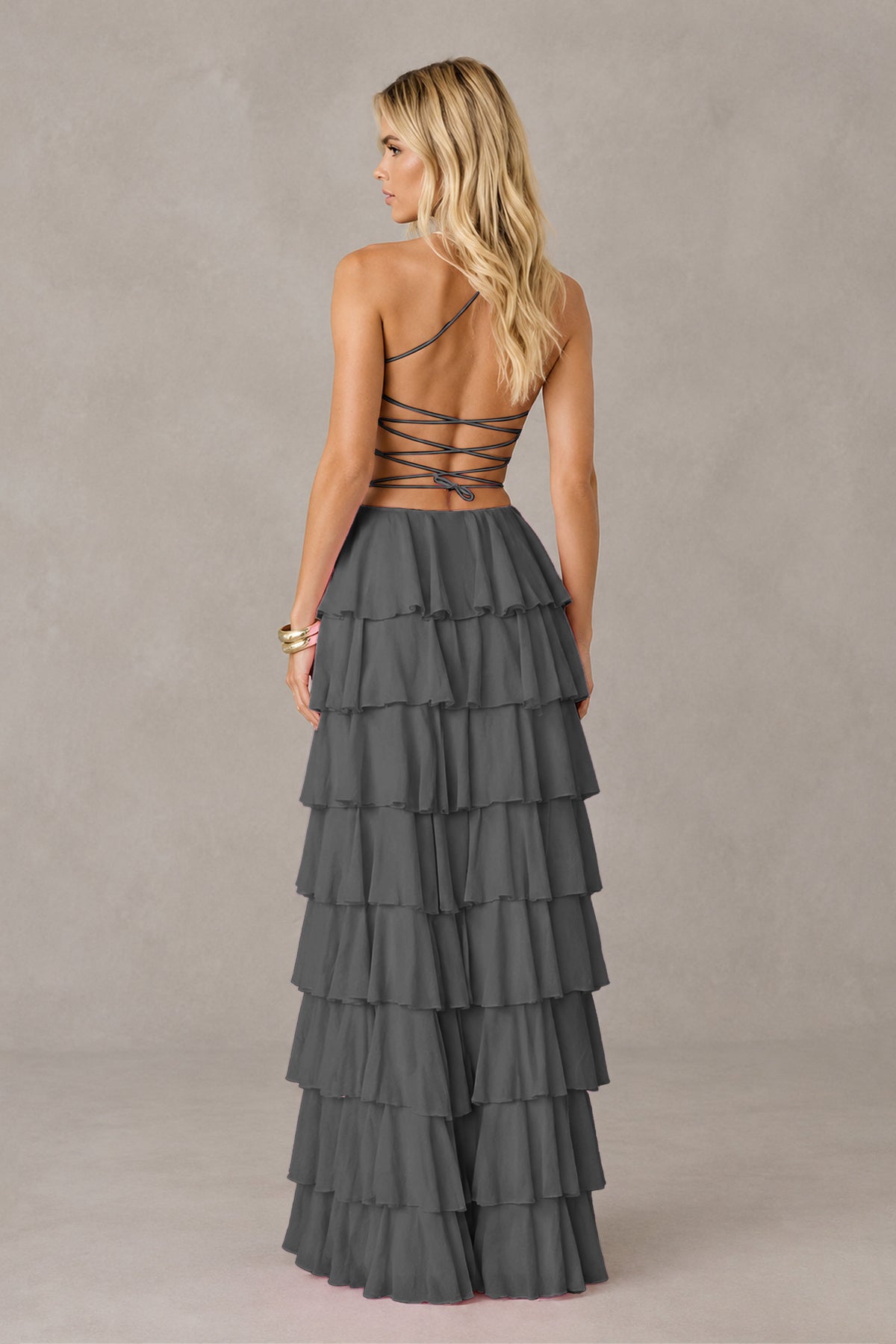 BOLODOO Grey Strapless Tiered Ruffle Maxi Dress with Slit & Lace-Up Back - Grey