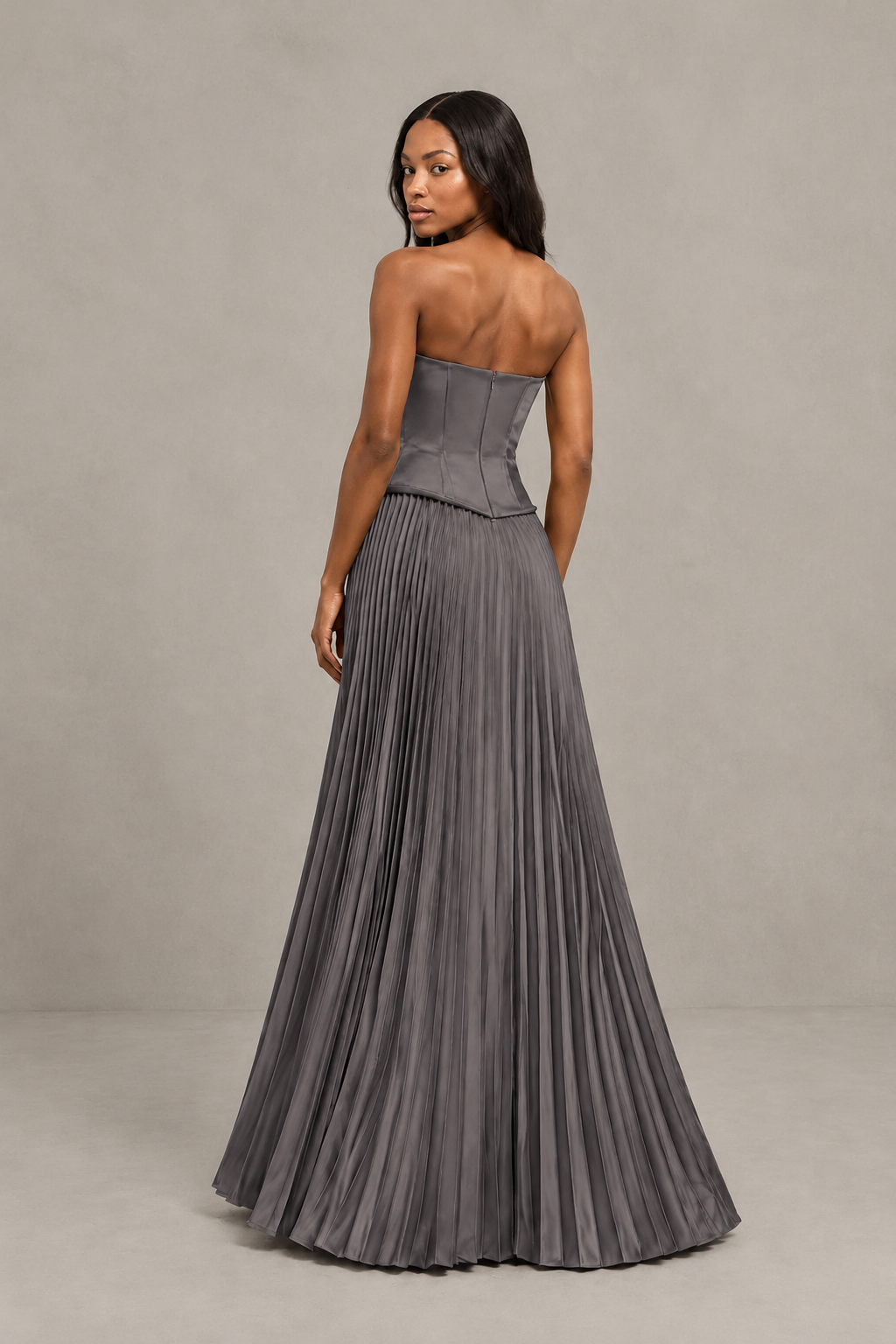 BOLODOO Grey Strapless Pleated Satin Evening Prom Dress - Grey