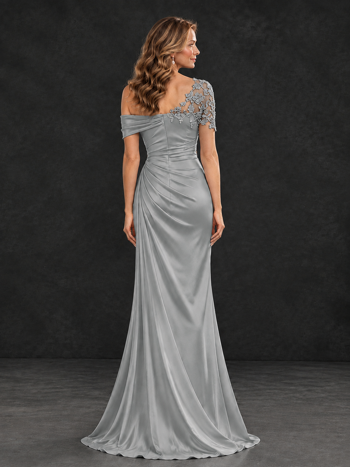 BOLODOO Grey Asymmetric Satin Mother of the Bride Dress with Lace Sleeve - Grey - Grey (2)