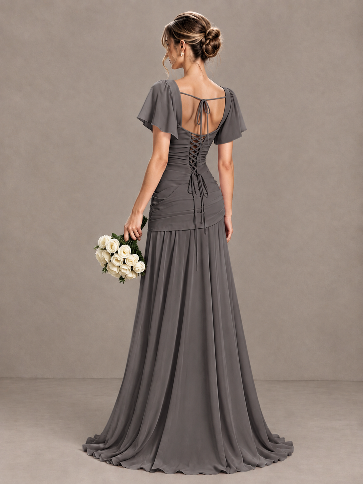 BOLODOO Grey Flutter Sleeve Lace-Up Back Maxi Dress - Grey - Grey (2)