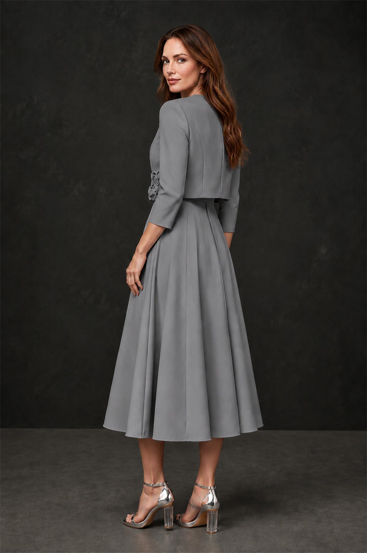 BOLODOO Grey 3D Rosette Appliqué 3/4 Sleeve Jacket & V-Notch Sleeveless A-Line Tea-Length Two-Piece Dress Set - Grey