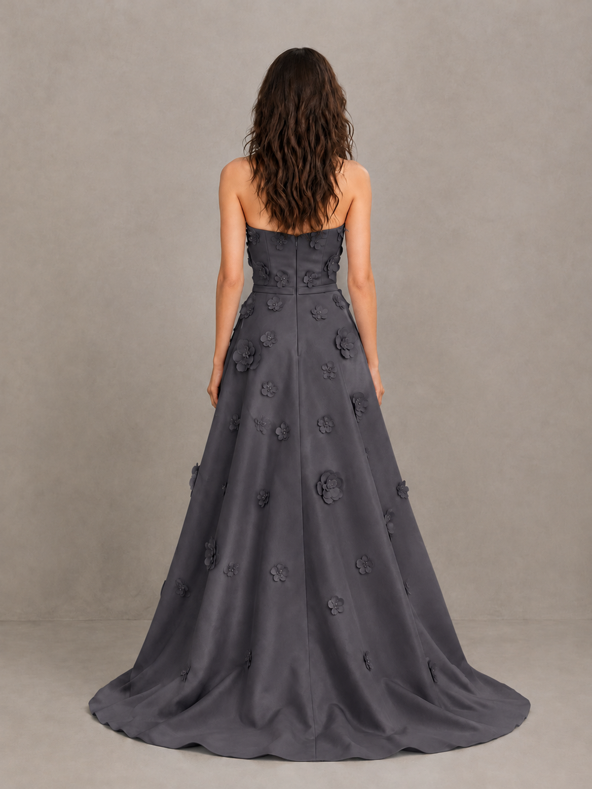 BOLODOO Grey Strapless 3D Floral Applique Prom Gown with Draped Skirt - Grey - Grey (2)