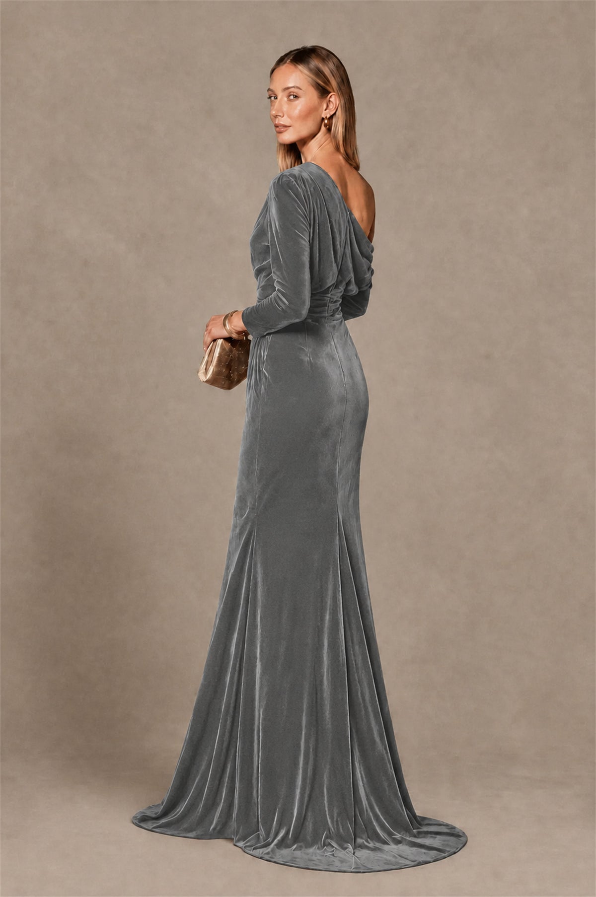 BOLODOO Grey Velvet One-Shoulder Long Sleeve Evening Gown - Grey