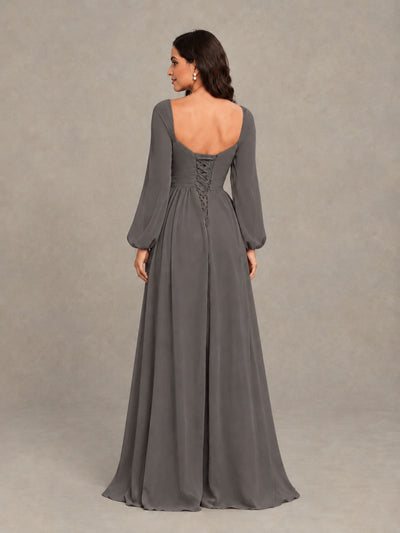 BOLODOO Grey Long Sleeve Chiffon Bridesmaid Dress with Slit - Grey - Grey (2)