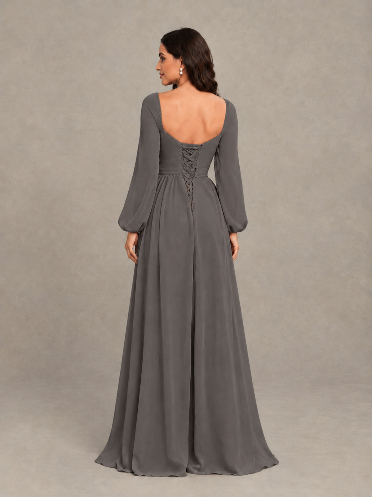BOLODOO Grey Long Sleeve Chiffon Bridesmaid Dress with Slit - Grey - Grey (2)