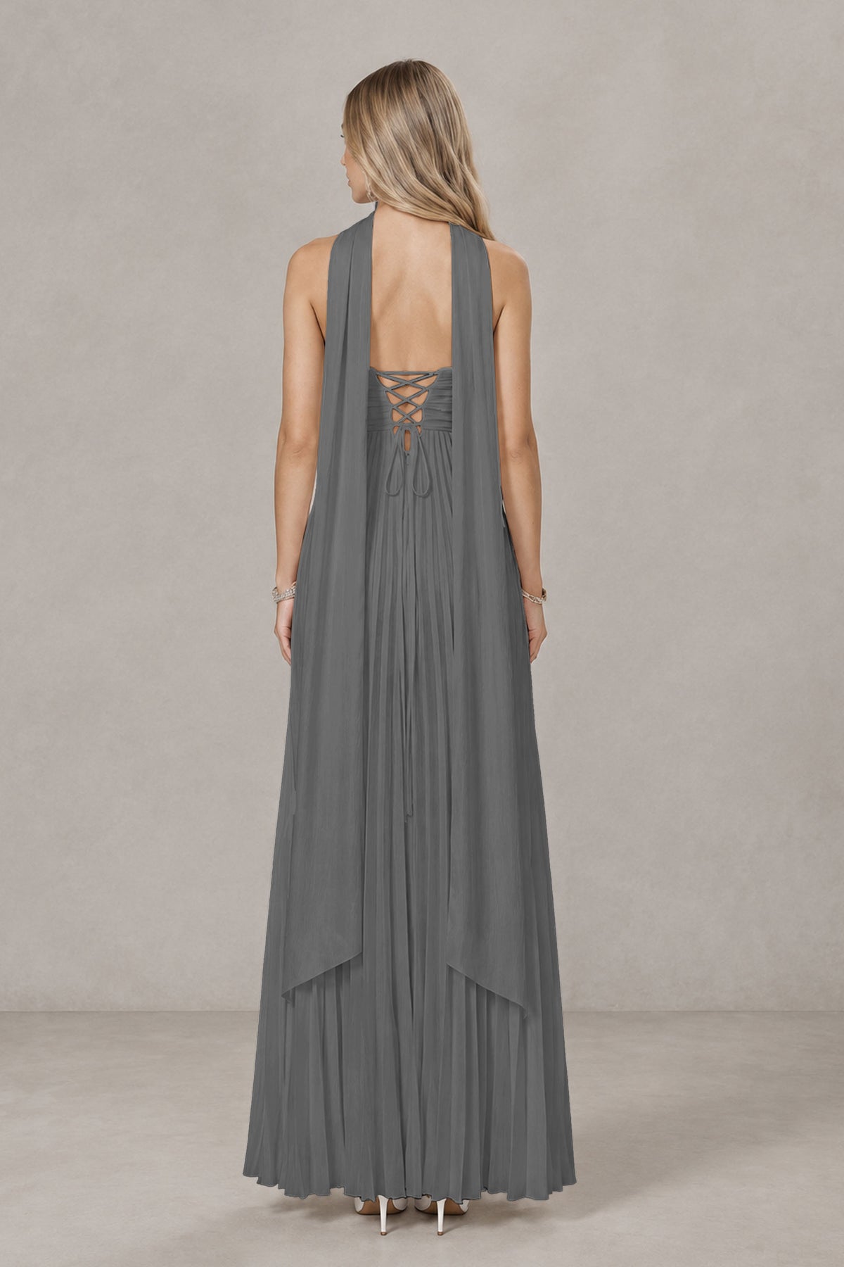 BOLODOO Grey Strapless Chiffon-Look Maxi Dress with Lace-Up Back & Cape - Grey