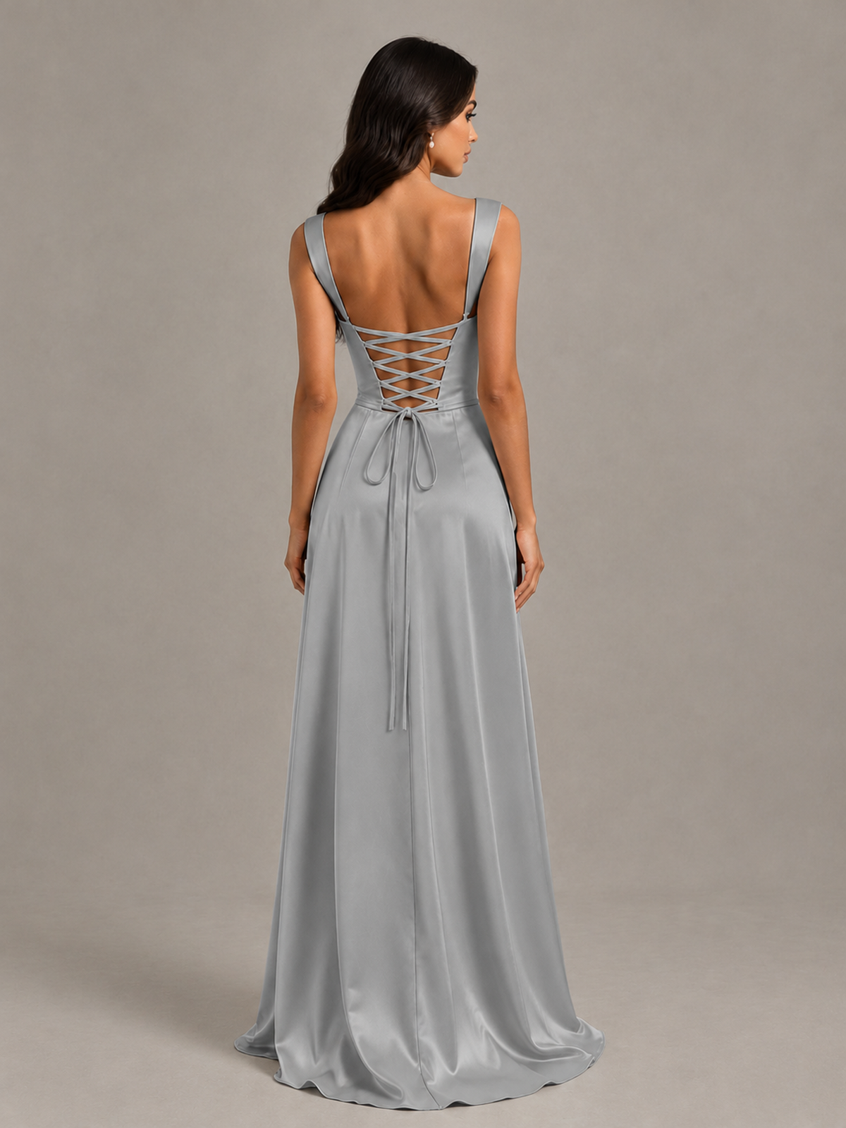 BOLODOO Grey Satin Lace-Up Bridesmaid Dress with Slit - Grey - Grey (2)