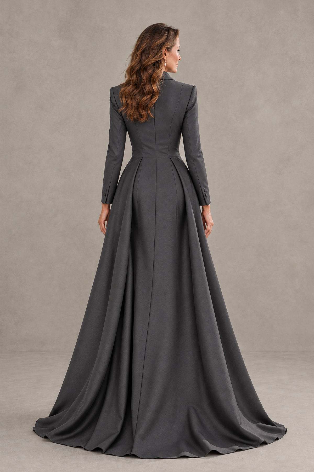 Slit Part Grey Long Sleeve Lace Blazer Gown with Slit | BOLODOO