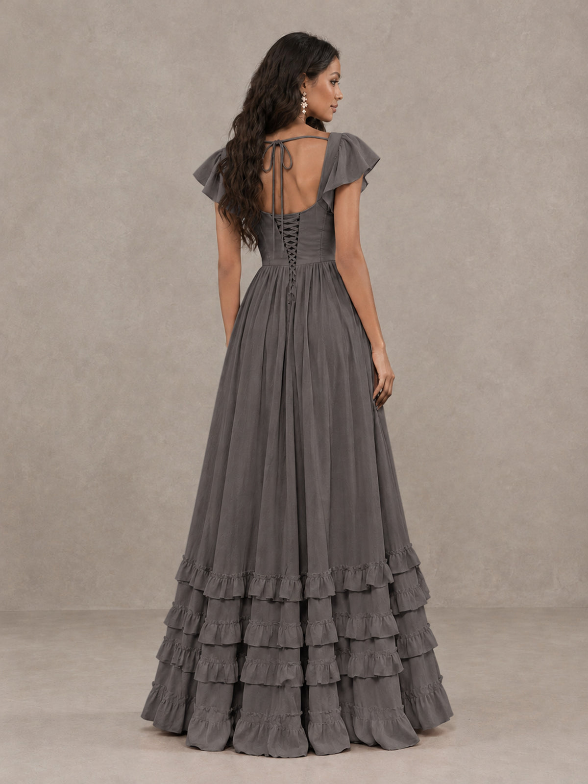 BOLODOO Grey Flutter Sleeve Ruffle Bridesmaid Dress with Slit - Grey - Grey (2)