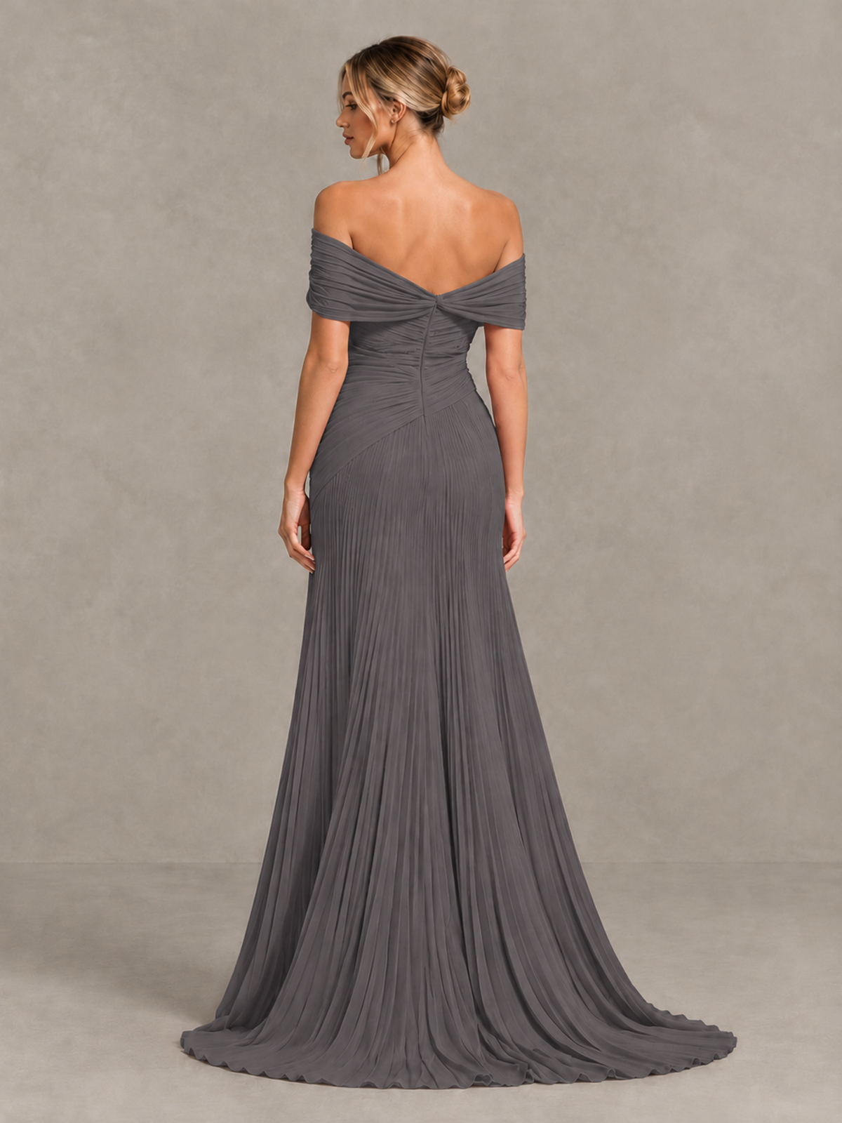 BOLODOO Grey Off-Shoulder Ruched Pleated Maxi Dress with High Slit - Grey - Grey (2)