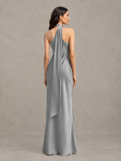 BOLODOO Grey Satin One-Shoulder Bridesmaid Dress with Open Back - Grey - Grey (2)