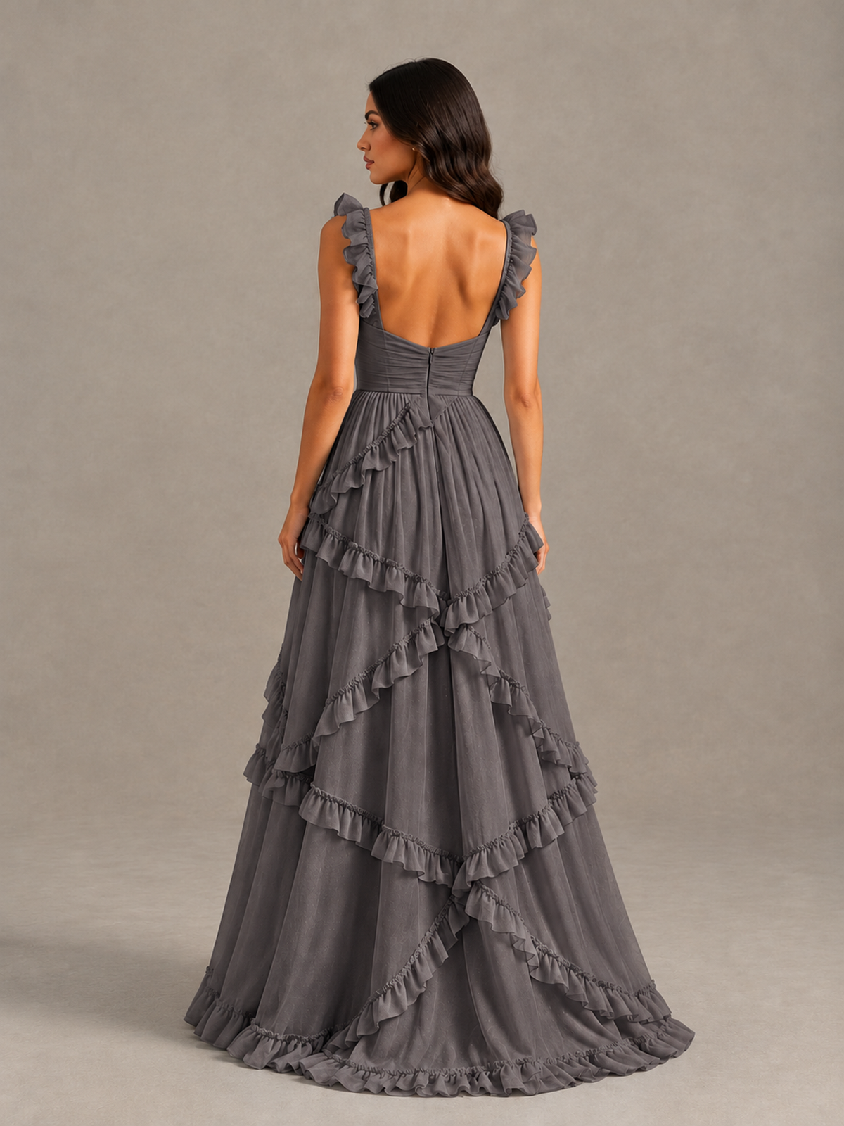 BOLODOO Grey Ruffle A-Line Prom Dress with Open Back - Grey - Grey (2)