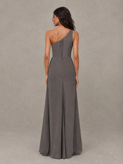 BOLODOO Grey One-Shoulder Chiffon Bridesmaid Dress with Ruched Bodice & High Slit - Grey - Grey (2)