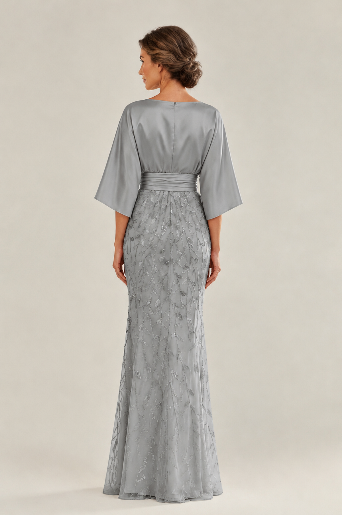 BOLODOO Grey Mother of the Bride Dress with Kimono Sleeves, Satin Bodice & Sequin Embroidered Mermaid Floor-Length Gown - Grey - Grey (2)
