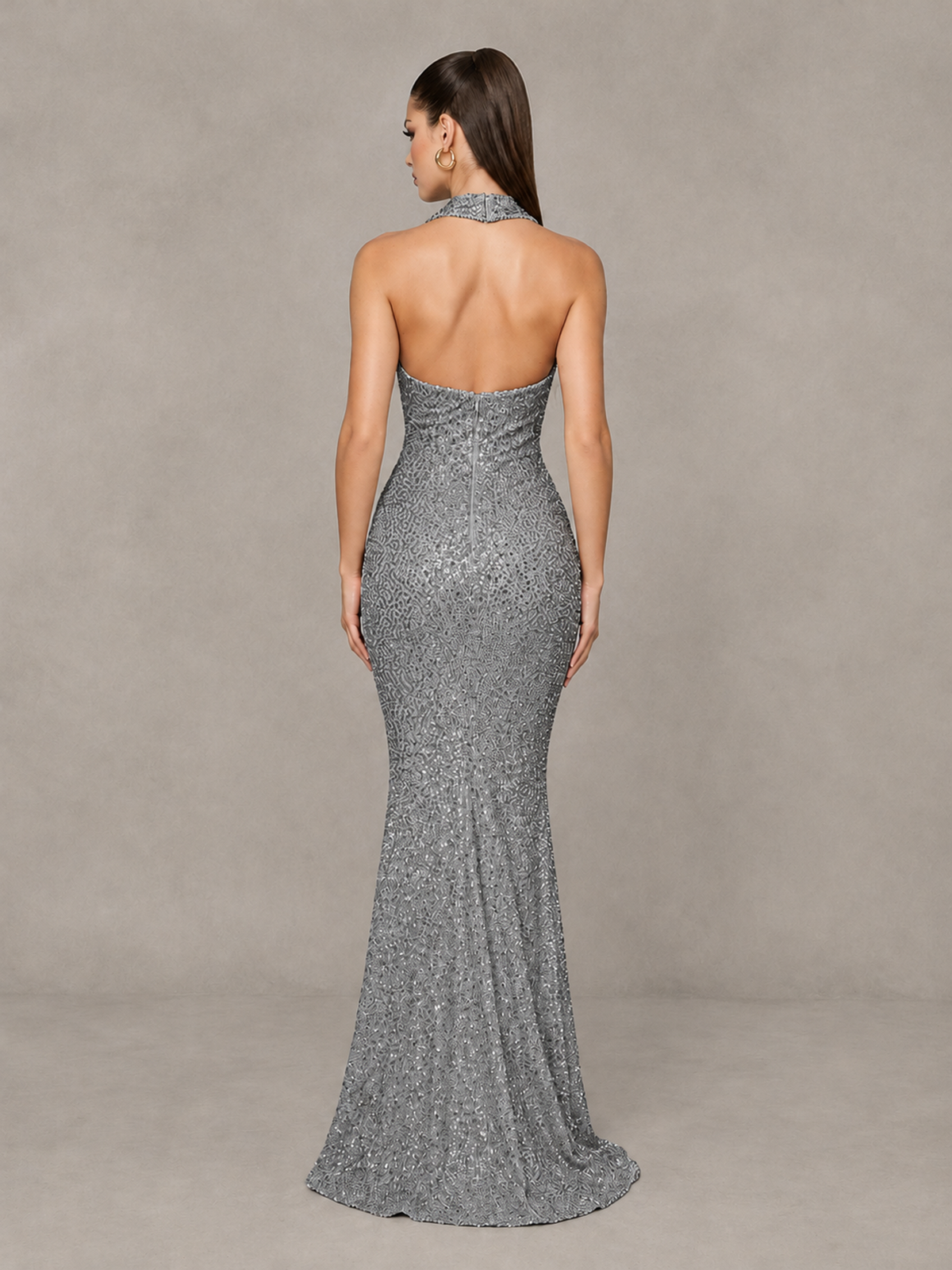 BOLODOO Grey Sequin Halter Mermaid Evening Gown - Grey - Grey (2)